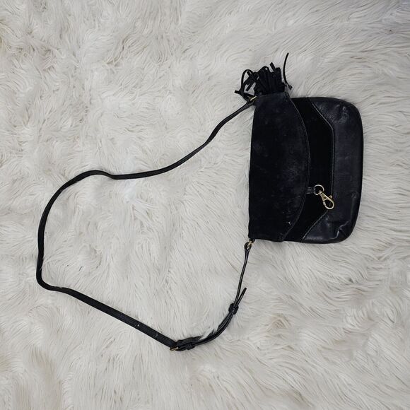 Frye Black Crossbody Purse Satchel Tassel Small Shoulder Bag Leather Suede - Picture 1 of 9